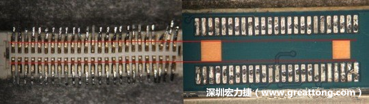 把板對板連接器與其電路板的佈線焊墊作一個比較，端子的切斷面有毛邊的地方剛好對到了裸銅區(qū)。