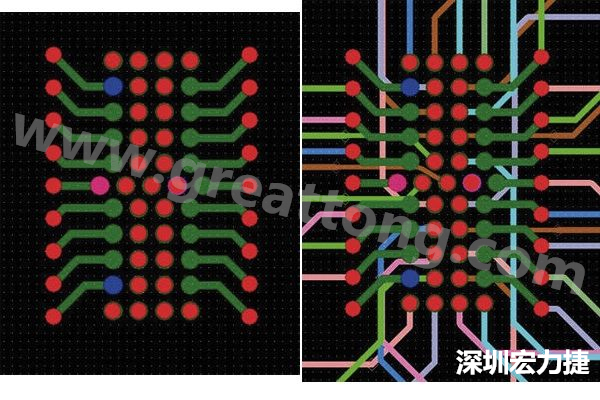 圖7：焊盤內過孔用于內部，而外部接腳在0.5mm閘格上扇出。圖7a顯示的是頂層(左)；圖7b顯示頂層和內部布線層(右)。