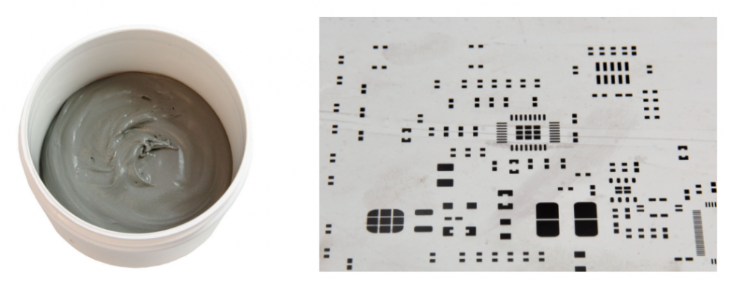 焊膏（左），PCB模板激光切割孔（右）